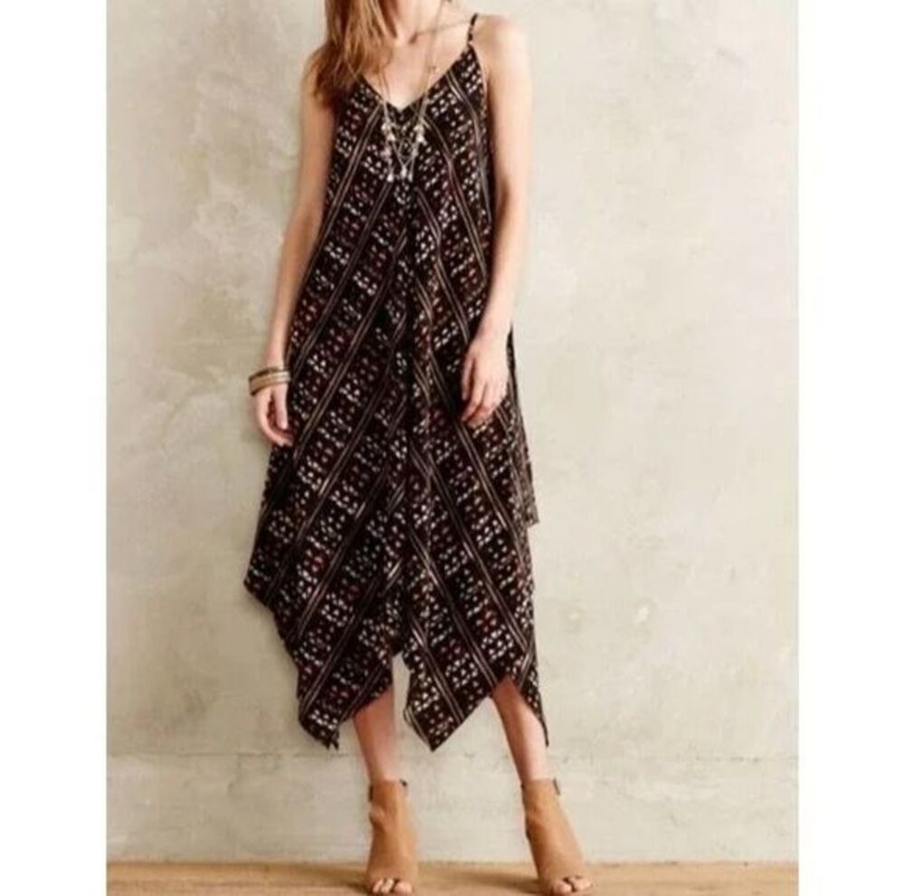 Anthropologie HD in Paris Estrella Silk Dress XS Brown Geo Handkerchief